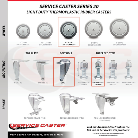 Service Caster 4 Inch SS Thermoplastic Rubber ½ Inch Stem Caster Total Lock Brake SCC, 2PK SCC-SSTSTTL20S414-TPRB-381615-2-S-2
